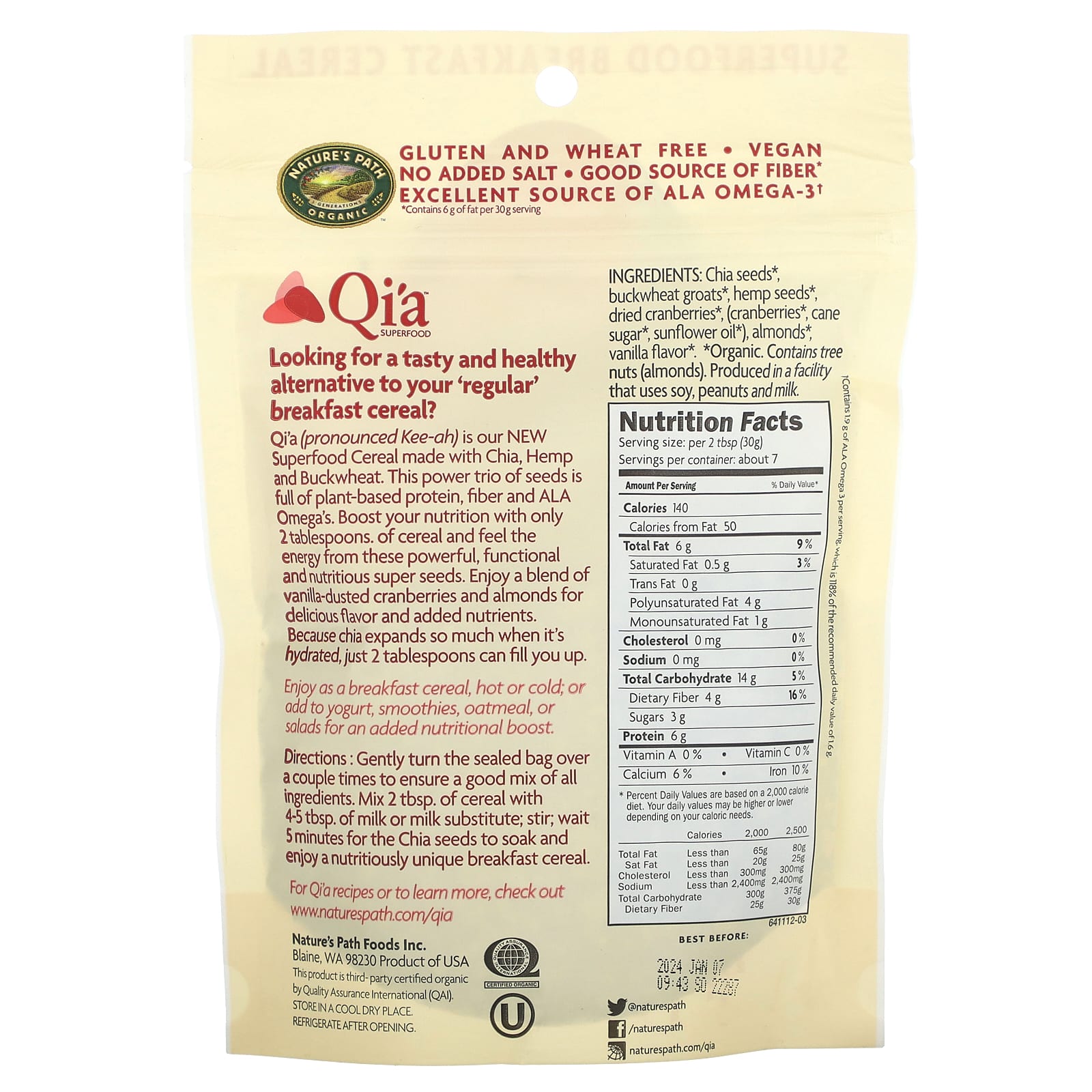 Nature's Path, Qi'a Superfood, Chia, Buckwheat & Hemp Cereal, Cranberry