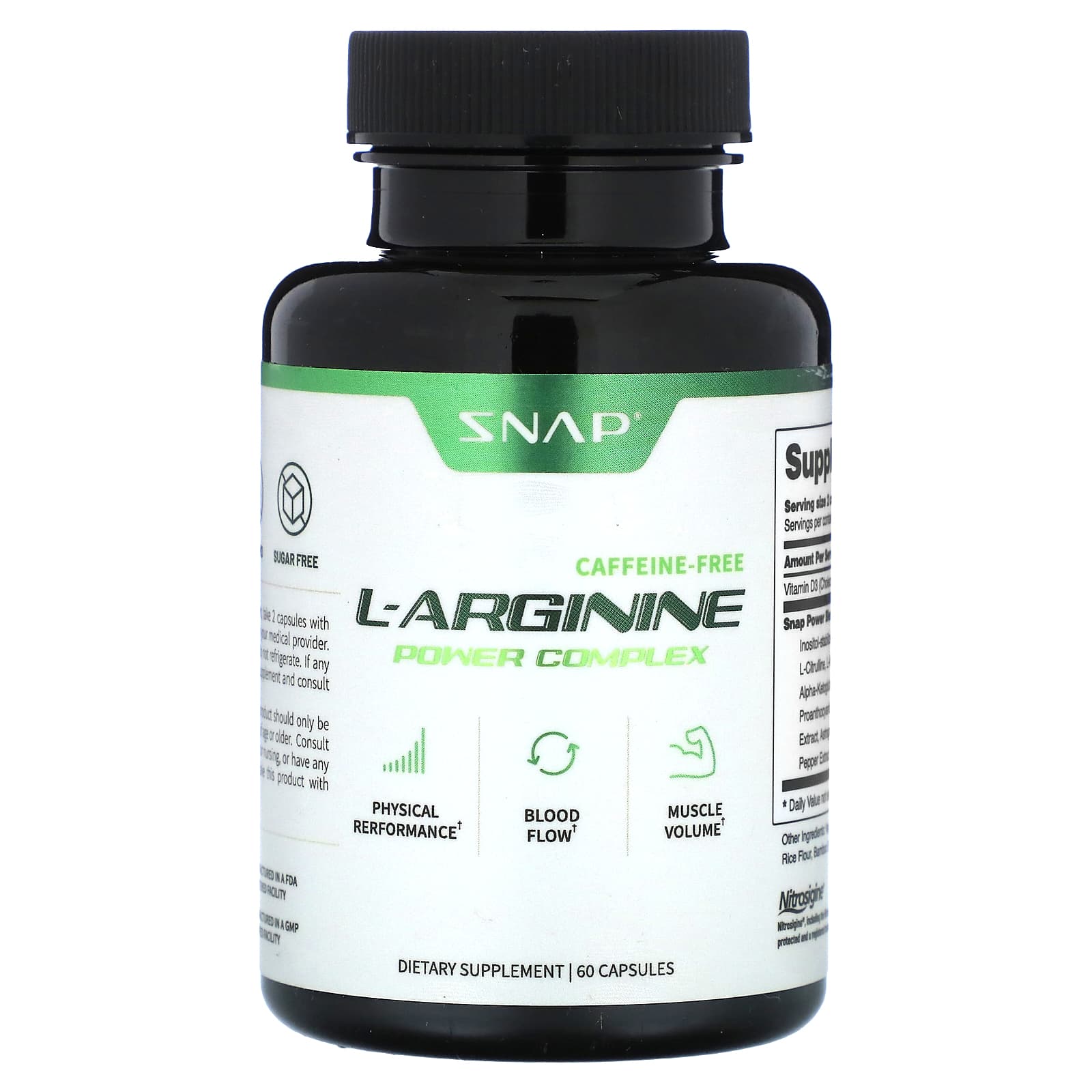 Snap Supplements, LArginine, CaffeineFree, 60 Capsules