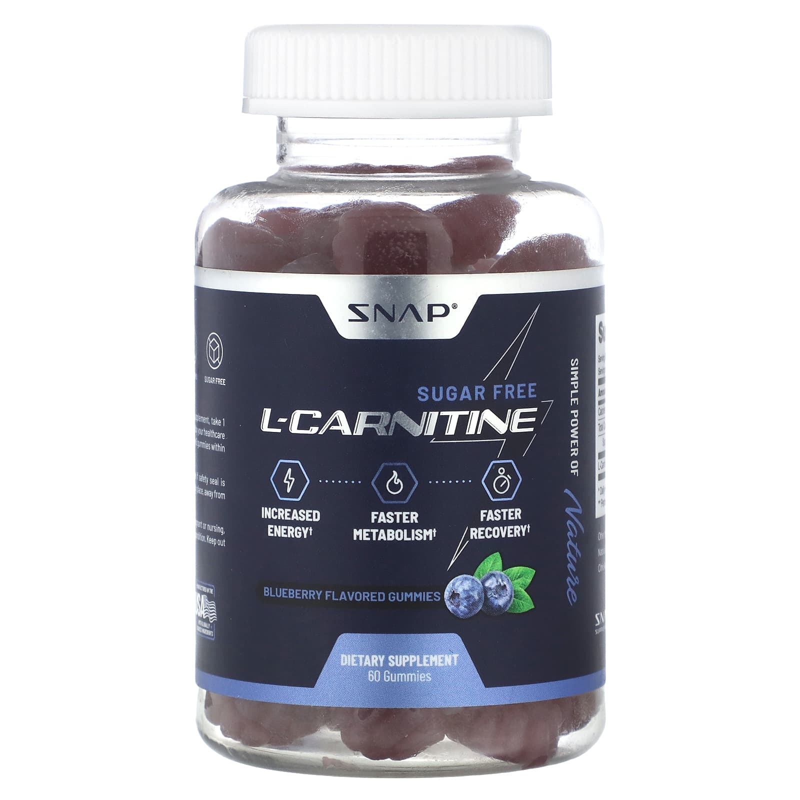 Snap Supplements, LCarnitine Gummies, Sugar Free, Blueberry, 60 Gummies