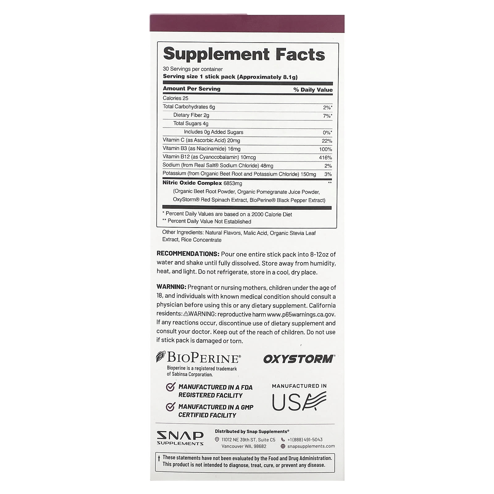 Snap Supplements, Nitric Oxide, Organic Beets, Original Berry, 10 Stick