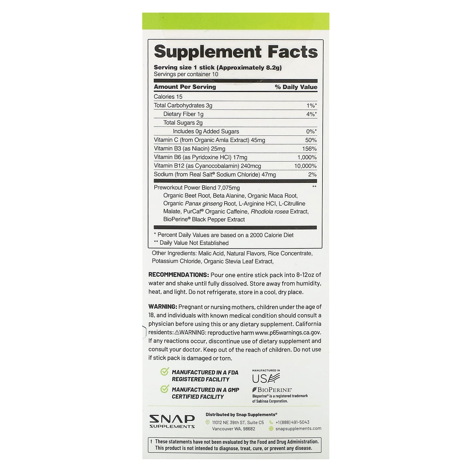 Snap Supplements, Nitric Oxide, Preworkout with Organic Beets, 10 Stick