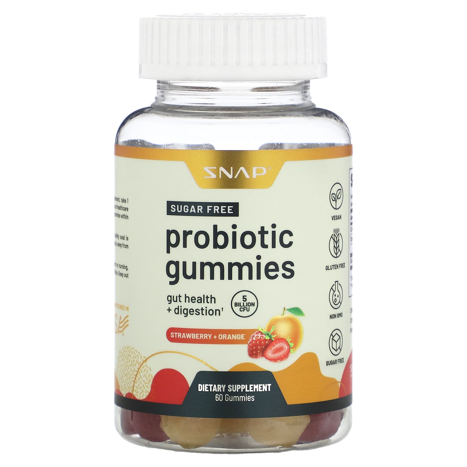 Snap Supplements, Probiotic Gummies, Sugar Free, Strawberry + Orange, 5