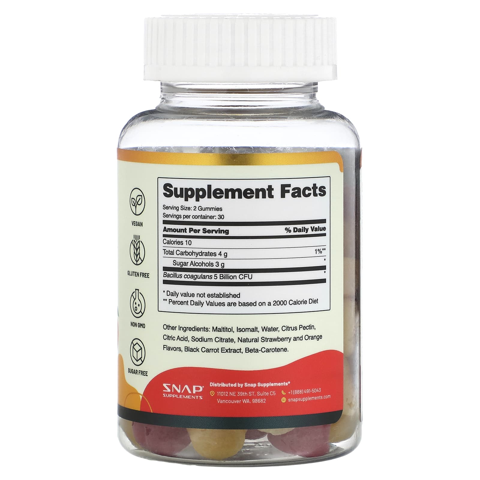 Snap Supplements, Probiotic Gummies, Sugar Free, Strawberry + Orange, 5