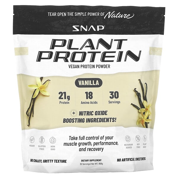 Snap Supplements, Rastlinný proteín s posilňovačom oxidu dusnatého, vanilka, 868 g
