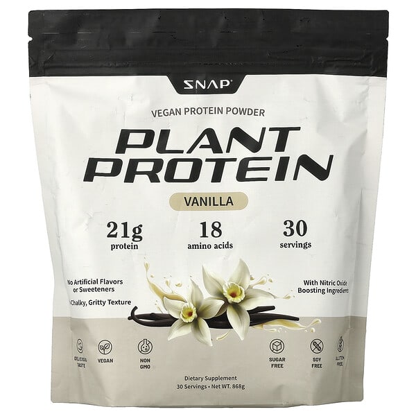 Snap Supplements, 플랜트 프로틴, 비건 프로틴 파우더, 바닐라 맛, 868g