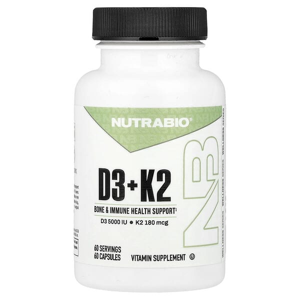 NutraBio D3 + K2, 60 Capsules