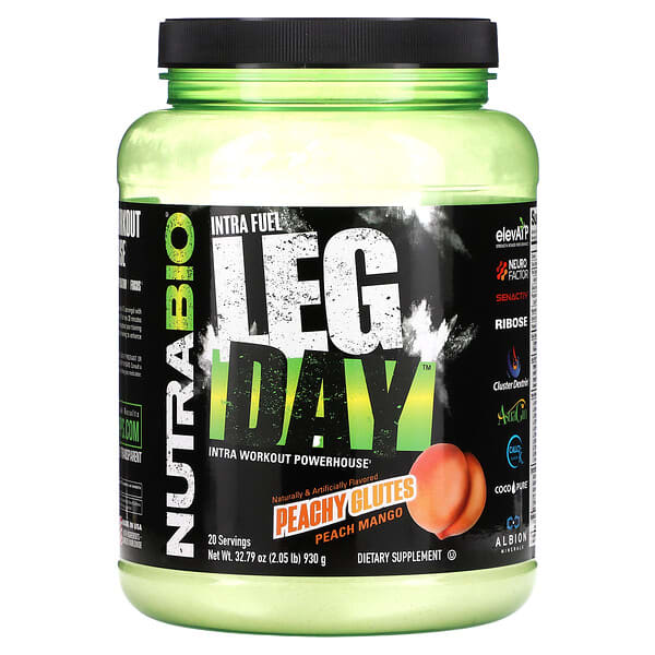 NutraBio Labs, イントラフュエル、Leg Day（レッグデイ）、イントラワークアウト パワーハウス、ピーチグラッチ ピーチマンゴー、930g（2.05ポンド）