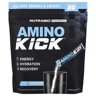 NutraBio, Amino Kick, Blue Raspberry, 20 Stick Packs, 0.32 oz (9 g) Setiap satu