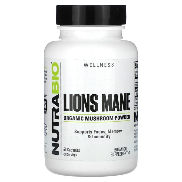 NutraBio Organic Lions Mane, 60 Capsules (0.5 g per Capsule)
