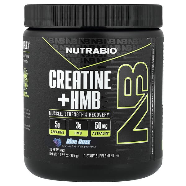 NutraBio, 크레아틴 + HMB, 블루라즈, 308g(10.89oz)