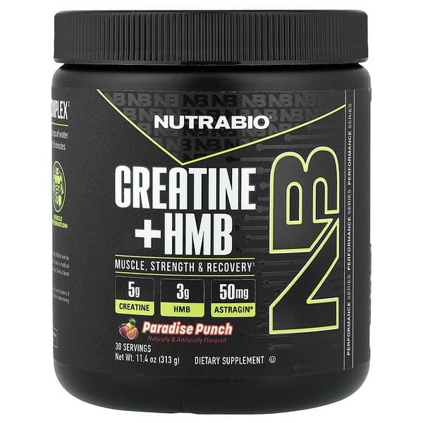 NutraBio, 크레아틴 + HMB, 파라다이스 펀치, 313g(11.4oz)