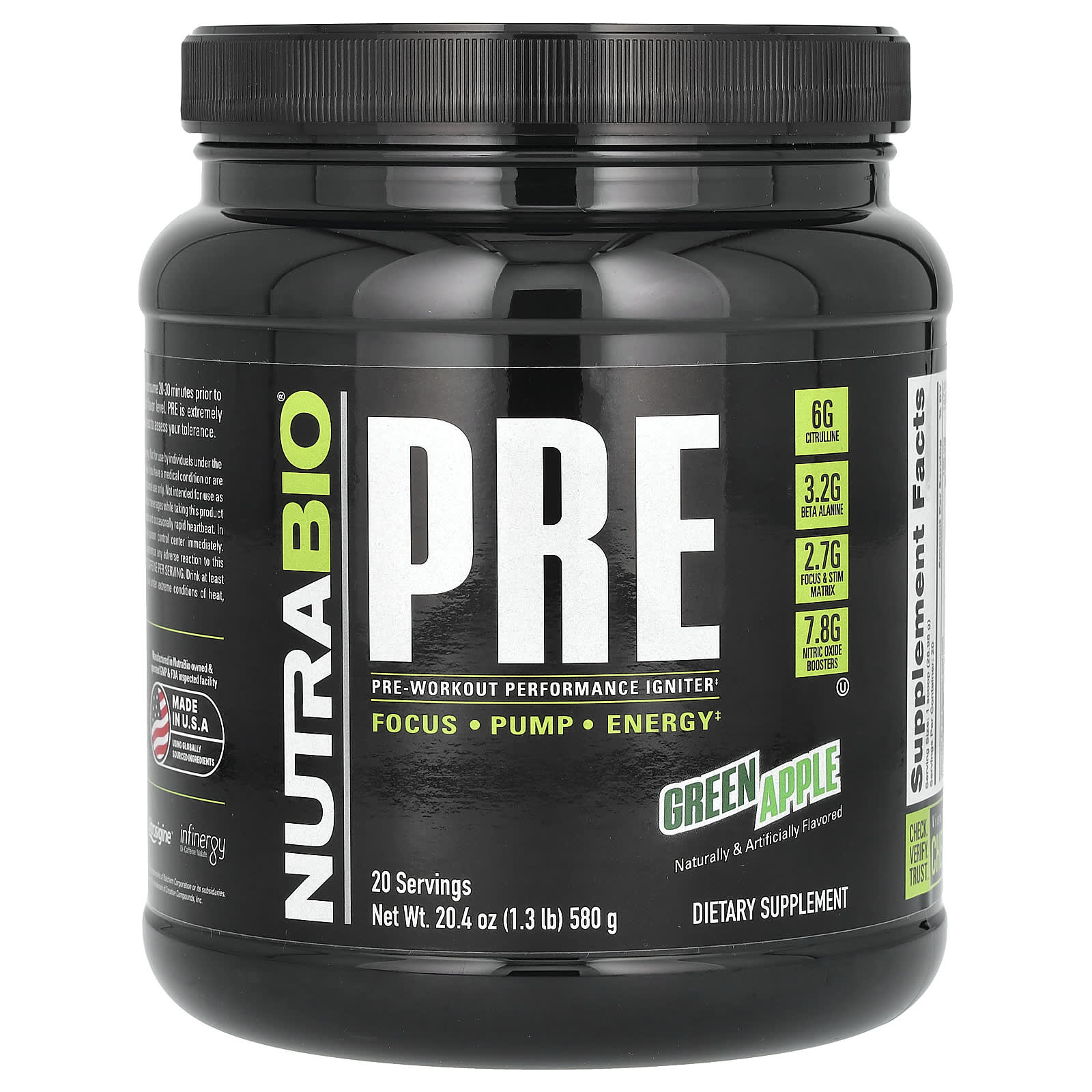 NutraBio, PreWorkout Performance Igniter, Green Apple, 1.3 lb (580 g)