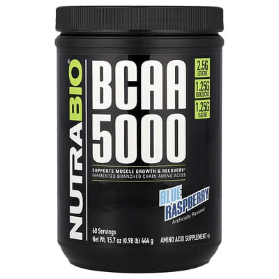 NutraBio, BCAA 5000, Blue Raspberry Flavor, 0.98 lb (444 g)