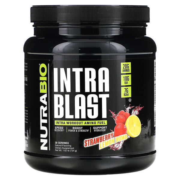 NutraBio Labs, イントラブラスト、イントラワークアウトアミノフューエル、ストロベリーレモンボム、740 g（1.63 lb）