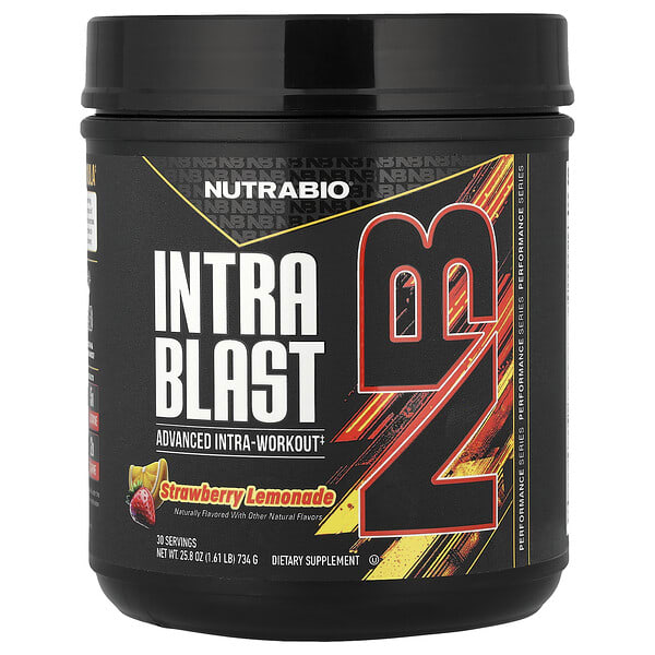 NutraBio, Intra Blast, 어드밴스드 인트라 워크아웃, 딸기 레모네이드 맛, 734g(1.61lb)