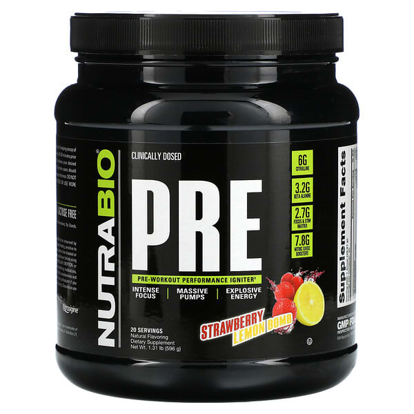 NutraBio Labs, プレワークアウト、ストロベリーレモンボム、596 g（1.31 lb）