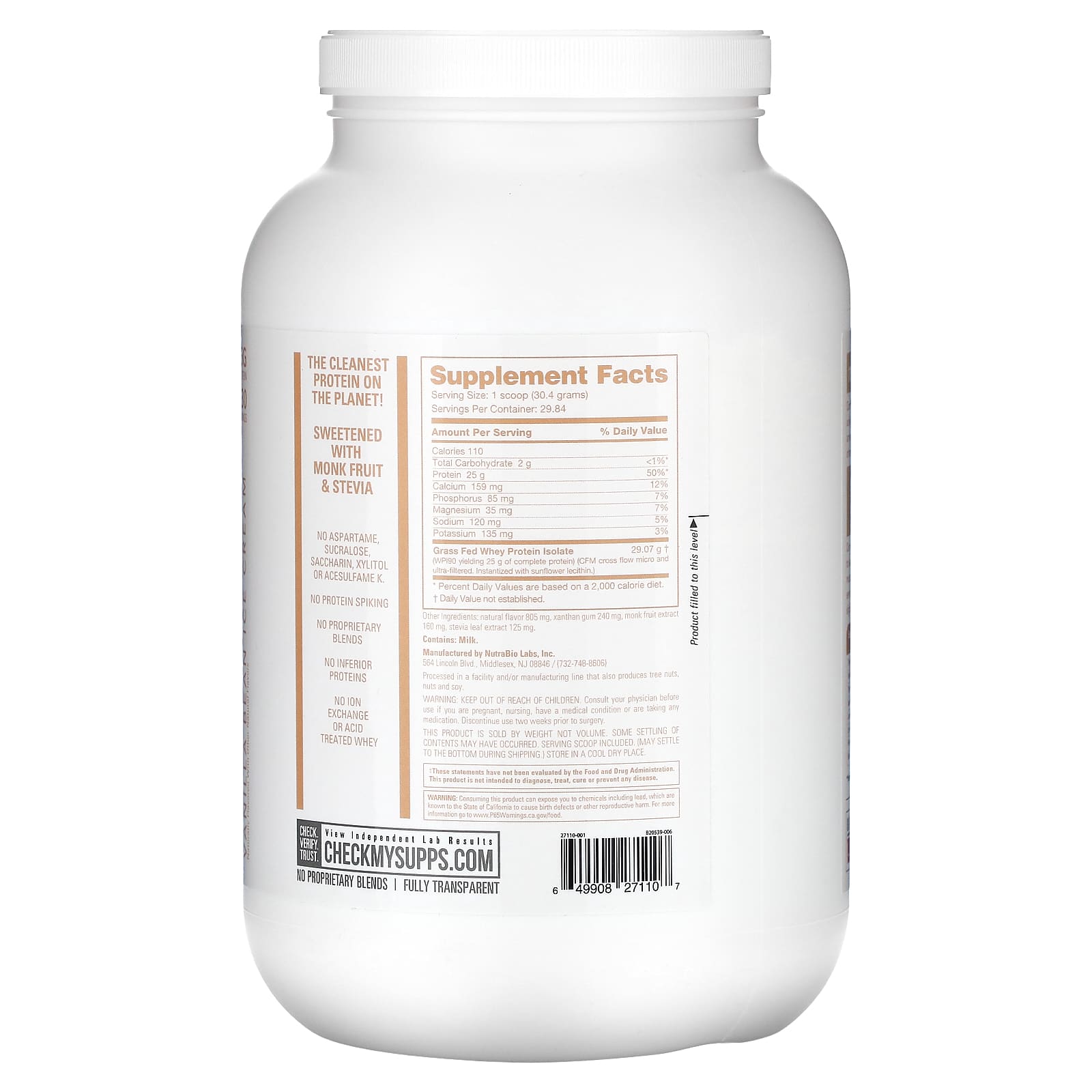 NutraBio, Grass Fed Whey Protein Isolate, Vanilla Bean Ice Cream, 2 lb
