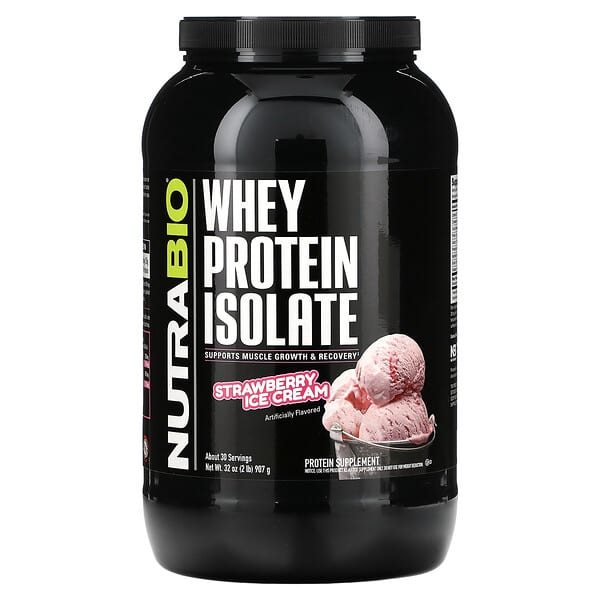 NutraBio, 분리유청단백질, 딸기 아이스크림, 907g(2lb)