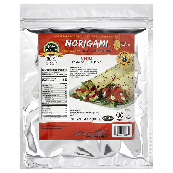 Norigami, 大豆蛋白質雞蛋捲餅皮，辣椒，10 張薄捲餅皮，1.4 盎司（40 克）