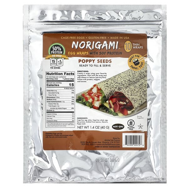 Norigami, 大豆蛋白質雞蛋捲餅皮，罌粟籽，10 張薄捲餅皮，1.4 盎司（40 克）