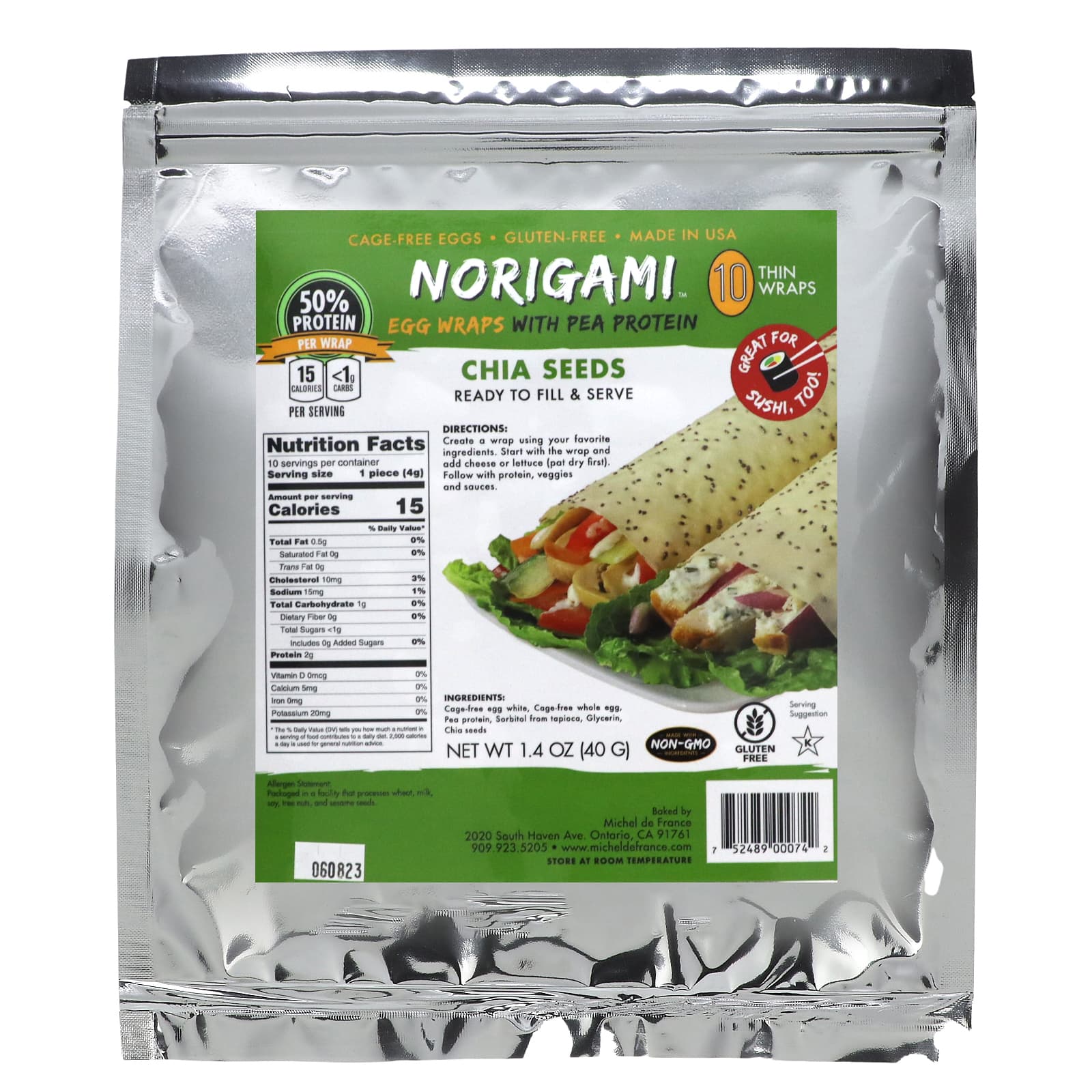 Norigami, Egg Wraps with Pea Protein, Chia Seeds, 10 Thin Wraps, 1.4 oz