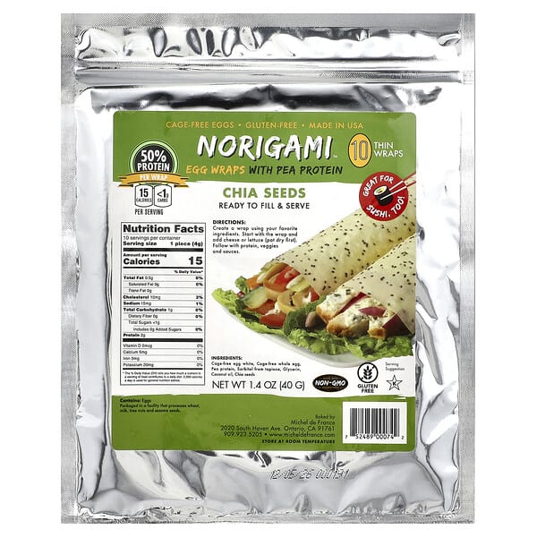 Norigami, Egg Wraps with Pea Protein, Chia Seeds, 10 Thin Wraps, 1.4 oz (40 g)