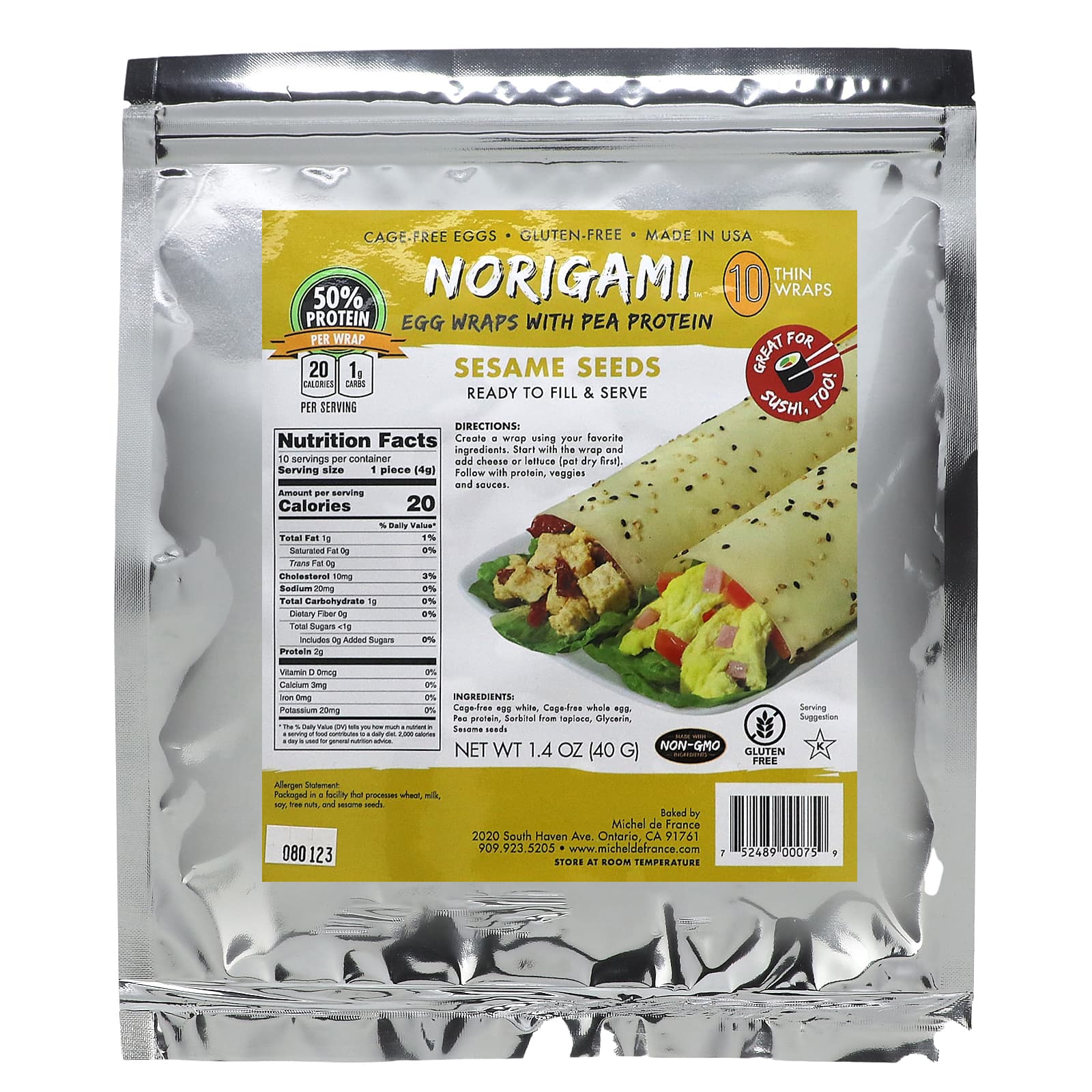 Norigami, Egg Wraps with Pea Protein, Sesame Seeds, 10 Thin Wraps, 1.4