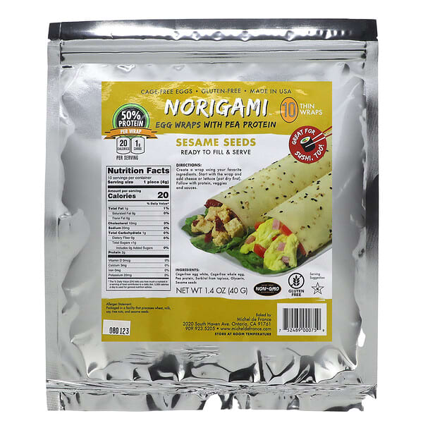 Norigami, 豌豆蛋白質雞蛋捲餅皮，芝麻籽，10 張薄捲餅皮，1.4 盎司（40 克）