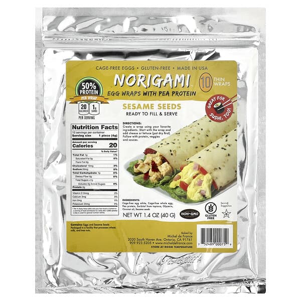 Norigami, 완두콩 단백질을 함유한 에그 랩, 참깨, 얇은 랩 10장, 40g(1.4oz)