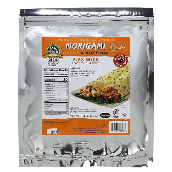 Norigami, 大豆蛋白質雞蛋捲餅皮，亞麻籽，10 張薄捲餅皮，1.4 盎司（40 克）