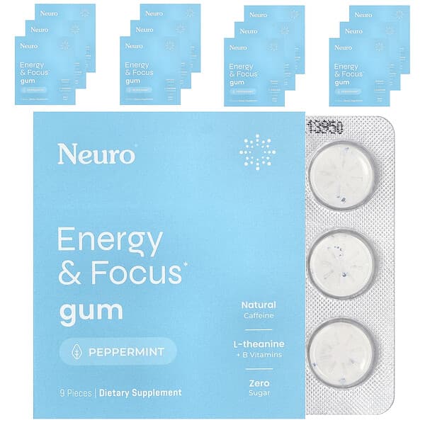 Energy & Focus Gum, Peppermint, 12 Pack, 9 Pieces Each