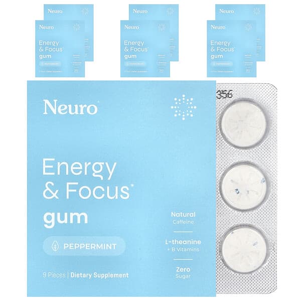 Energy & Focus Gum, Peppermint, 6 Packs, 9 Pieces Each