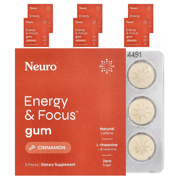 NeuroGum, Energy & Focus Gum, Cinnamon, 6 Packs, 9 Pieces Each — product photo 1