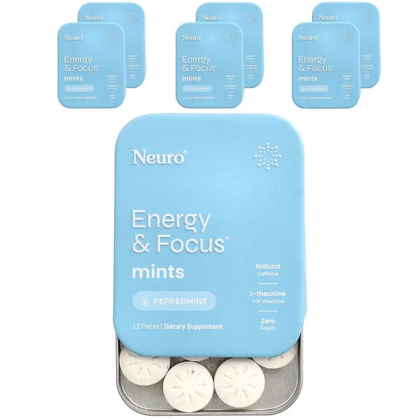 Mints, Energy & Focus, Peppermint, 6 Packs, 12 Pieces Each