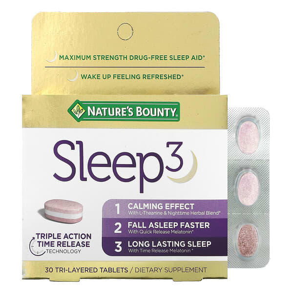 Nature's Bounty, สลีป 3 ผลิตภัณฑ์ช่วยในการนอนหลับแบบปราศจากยา สูตรเข้มข้นสูงสุด บรรจุเม็ดยาสามชั้น 30 เม็ด