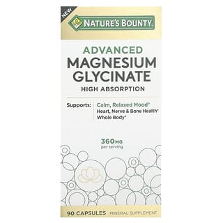 Nature's Bounty, Glicinato de Magnésio Avançado, Alta Absorção, 360 mg, 90 Cápsulas (120 mg por Cápsula)