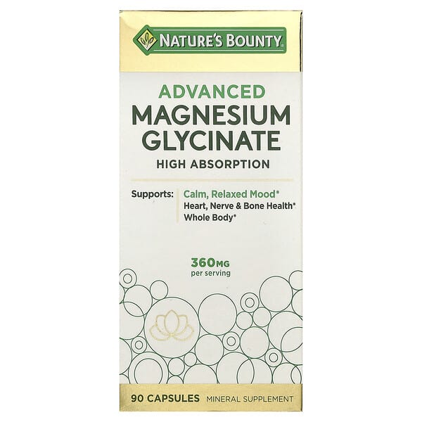 Nature's Bounty, Glicinato de Magnésio Avançado, Alta Absorção, 90 Cápsulas (120 mg por Cápsula)