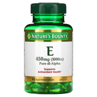 Nature's Bounty, Vitamina E, DL-alfa-acetato de tocoferilo puro, 450 mg (1000 UI), 60 cápsulas blandas de liberación rápida