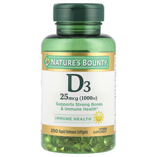 Nature's Bounty, D3, 25 mcg (1.000 IU), 250 Kapsul Gel Lunak Pelepasan Cepat