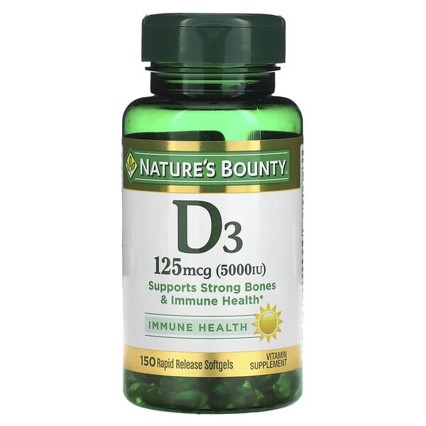 Nature's Bounty, D3、病気に負けない体に、125mcg（5,000 IU）、速放性ソフトジェル150粒