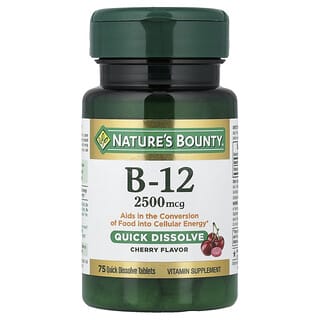 Nature's Bounty, B-12, натуральный вишневый вкус, 2500 мкг, 75 быстрорастворимых таблеток