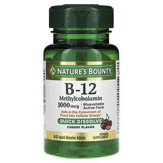 Nature's Bounty, Vitamina B12 en forma de metilcobalamina, Cereza, 1000 mcg, 60 comprimidos de rápida disolución