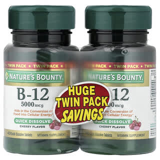 Nature's Bounty, B-12, Embalagem Dupla, Sabor Natural de Cereja, 5.000 mcg, 40 Comprimidos de Dissolução Rápida Cada