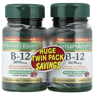 Nature's Bounty, B-12, вишня, 5000 мкг, двойная упаковка, 40 быстрорастворимых таблеток каждая