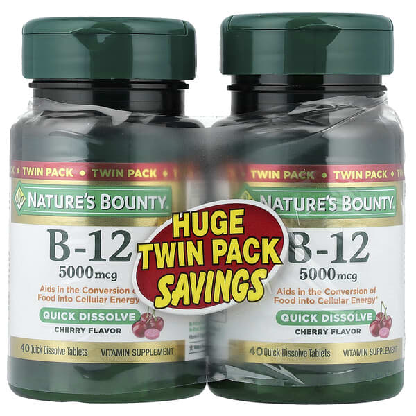 Nature's Bounty, B-12, Cereja, 5.000 mcg, Embalagem Dupla, 40 Comprimidos de Dissolução Rápida Cada