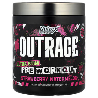 نوتريكس ريسورش‏, Outrage ، Ultra Stim لما قبل التمارين الرياضية ، بنكهة الفراولة والبطيخ ، 7.77 أونصة (220.41 جم)
