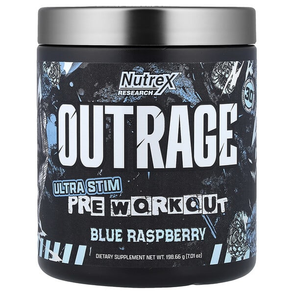 Outrage, Ultra Stim Pre Workout, Blue Raspberry, 7.01 oz (198.66 g)