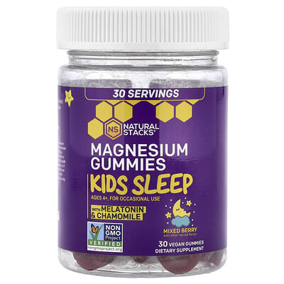 Natural Stacks, Kids' Sleep Aid Magnesium Gummies with Melatonin and Chamomile, Ages 4+, Assorted Berry Flavor, 30 Vegan Gummies