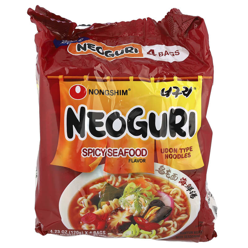 Neoguri, Udon Type Noodles, Spicy Seafood, 4 Bags, 4.23 oz (120 g