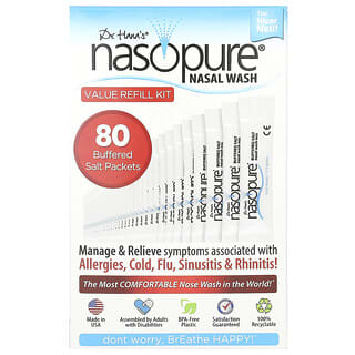 Nasopure, промывание носа, полезный набор для повторного использования, 80 пакетиков буферизованной соли